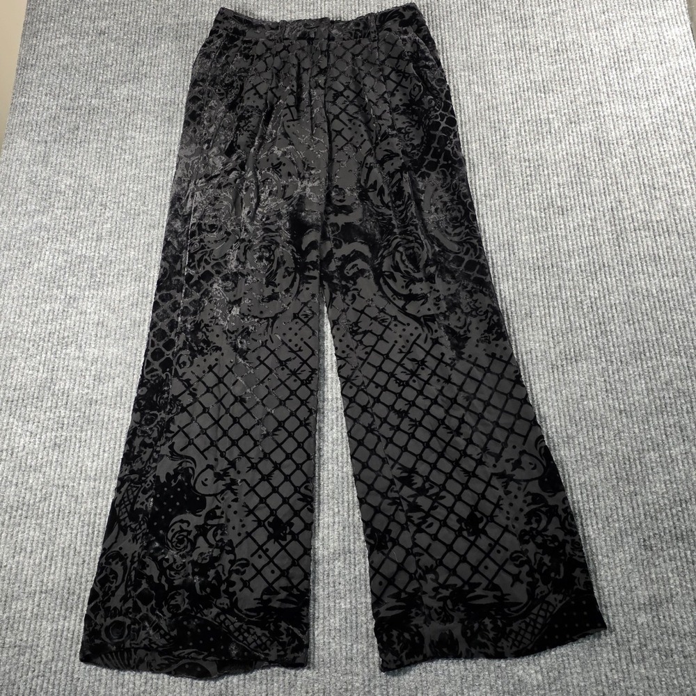 Balmain x HM Black Devore Velvet Rose Wide Leg Pants Size 4 Burnout Trousers